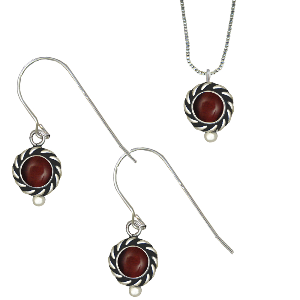 Sterling Silver Petite Necklace Earrings Set Red Tiger Eye